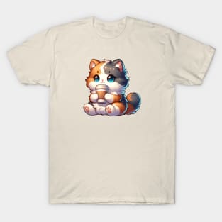 Calico Cat Drinking Coffee T-Shirt